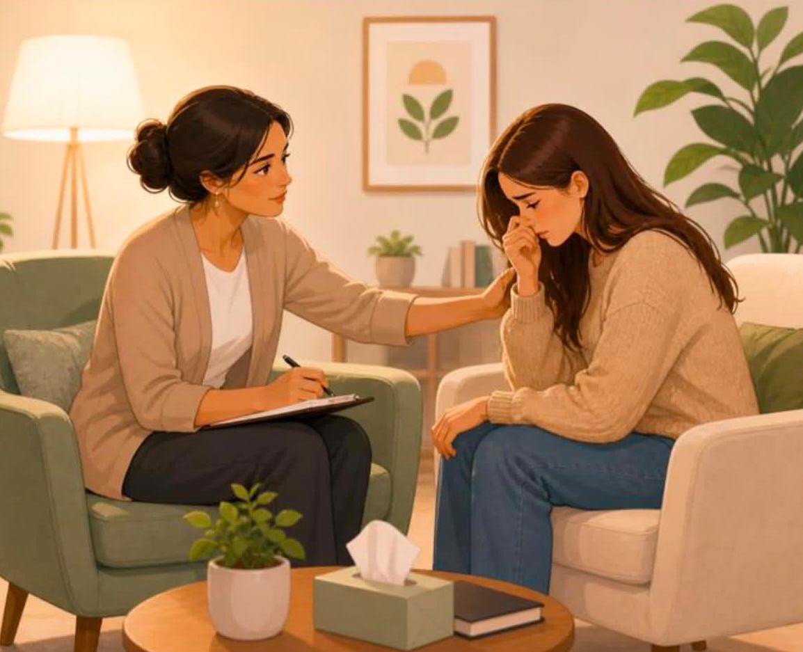 A provider sitting with a patient in a warm, calm consultation room
